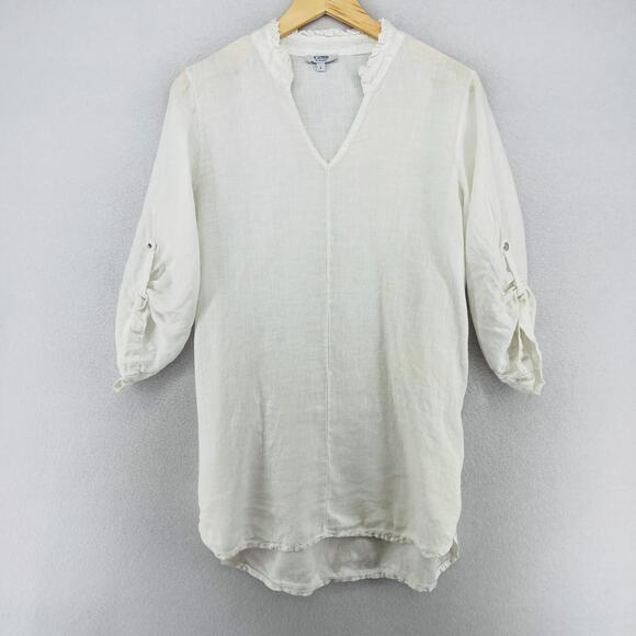 ROSE MARINE Top L Linen Tunic Ruffle V-Neck Roll Tab Sleeve Off White Italy - Picture 1 of 13